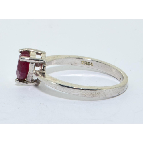 224 - 925 silver ladies ruby colour rubellite heart ring size R 