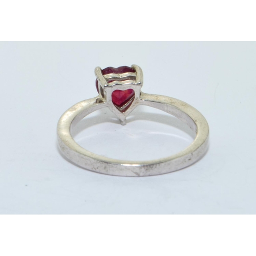 224 - 925 silver ladies ruby colour rubellite heart ring size R 