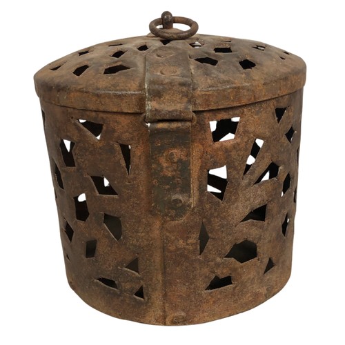 266 - Small Round Rustic Pierced Iron Box with Lid ref 62