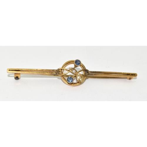 238 - 9ct gold Tanzanite and Seed Pearl tie pin/brooch 57mm long 2.7g