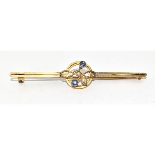 238 - 9ct gold Tanzanite and Seed Pearl tie pin/brooch 57mm long 2.7g