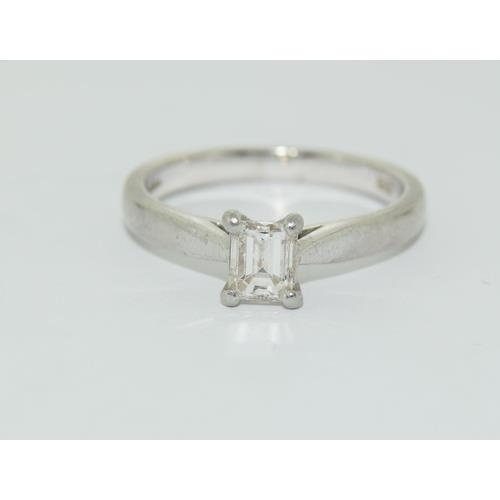 240 - Platinum Emerald cut ladies Diamond solitaire ring approx 0.33ct size L