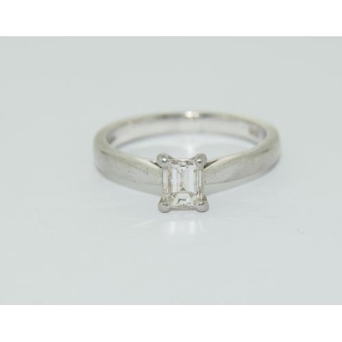 240 - Platinum Emerald cut ladies Diamond solitaire ring approx 0.33ct size L