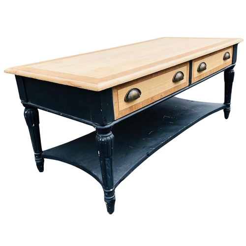 3 - Nice wood and painted coffee table with turned and gadrooned legs and shelf under. Approx 108 wide x... 