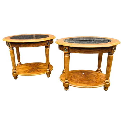 14 - A pair of Yew wood coffee tables or lamp tables. inset glass tops, book-matched veneers under tier, ... 