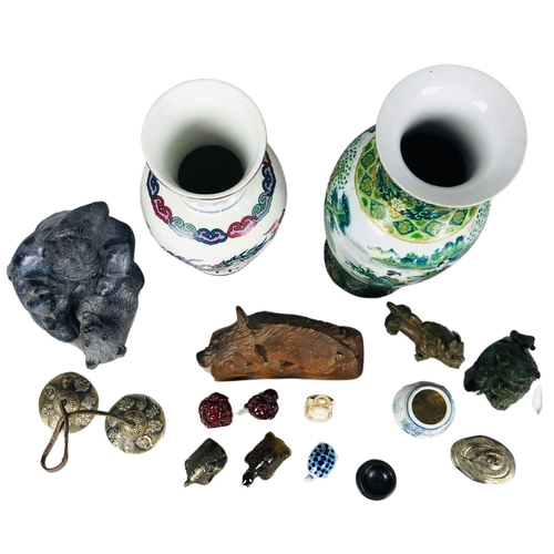 35 - Collection of various  items to include Chinese vases, brass items and a carved wooden boar.