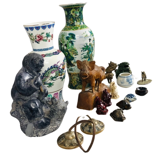 35 - Collection of various  items to include Chinese vases, brass items and a carved wooden boar.