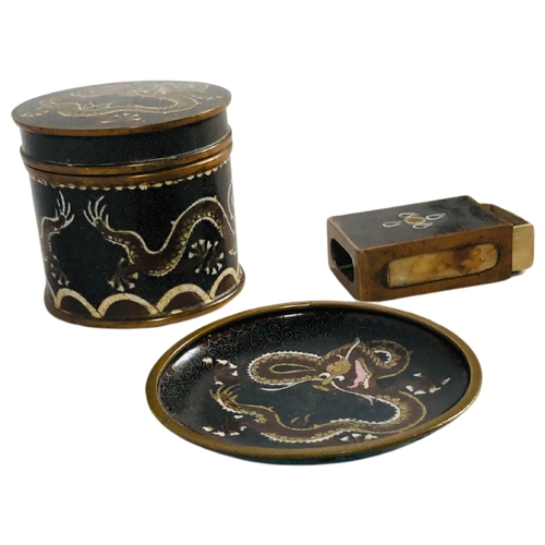 36 - Early 20thC Chinese Cloisonné tubular covered box, pin tray and matchbox cover