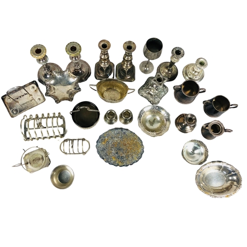 46 - Collection of silver/electro plate Items, to include candlesticks, toast racks etc.