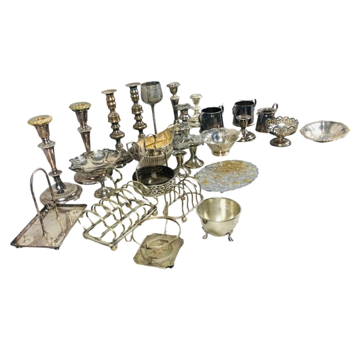 46 - Collection of silver/electro plate Items, to include candlesticks, toast racks etc.