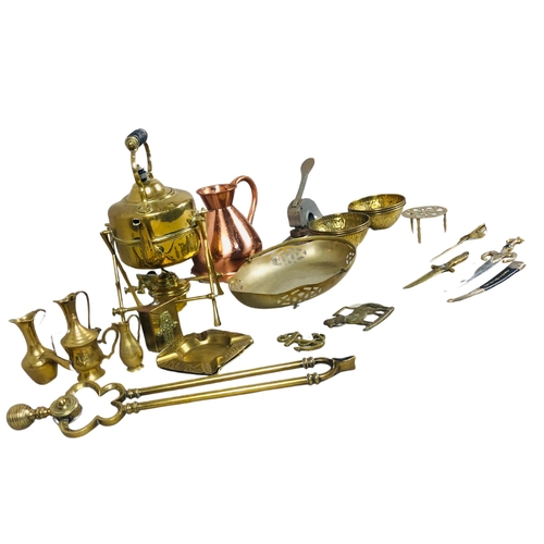 47 - Collection of brass items to include Indian Finger Bowls, fireside tongs, a kettle over a burner etc... 