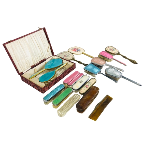 45 - Collection of Guilloche Enamel and other Vintage Brushes and other dressing table items.