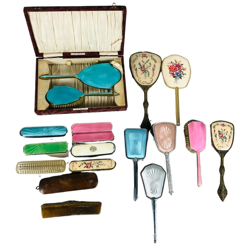 45 - Collection of Guilloche Enamel and other Vintage Brushes and other dressing table items.