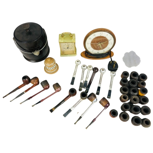 61 - Collection of Pipes & Pipe Parts along with Onyx/Brass Carriage Clock & Vintage Electric Clo... 