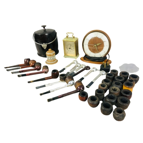 61 - Collection of Pipes & Pipe Parts along with Onyx/Brass Carriage Clock & Vintage Electric Clo... 