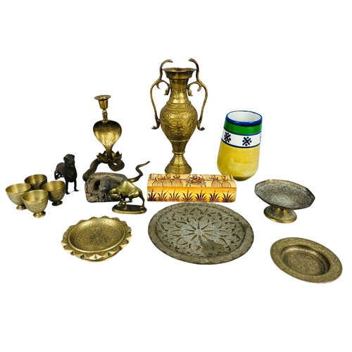 65 - Collection of Indian and Middle Eastern Brass Items to include a bronzed cast metal late 19thC Syria... 