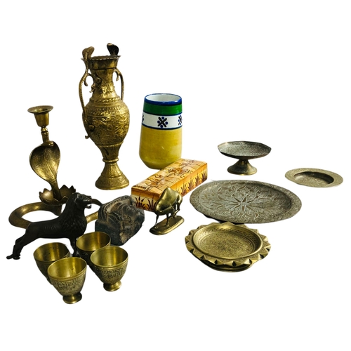 65 - Collection of Indian and Middle Eastern Brass Items to include a bronzed cast metal late 19thC Syria... 