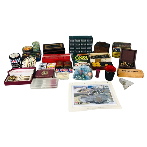 88 - Gaming and other assorted items to include vintage tins etc