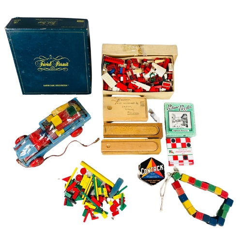 93 - Boxed Trivial Pursuit game and various wooden toys to include a nice quantity of vintage lego and a ... 