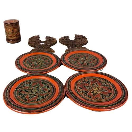 110 - Burmese Lacquer ware Plates and lidded box.  Also an African letter opener and wooden Hintha bird wa... 