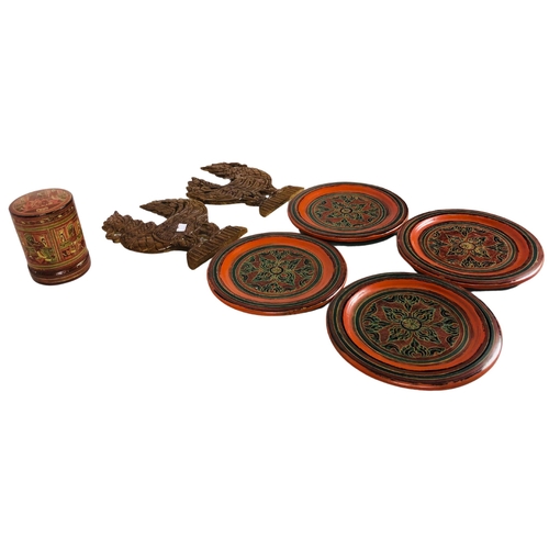 110 - Burmese Lacquer ware Plates and lidded box.  Also an African letter opener and wooden Hintha bird wa... 