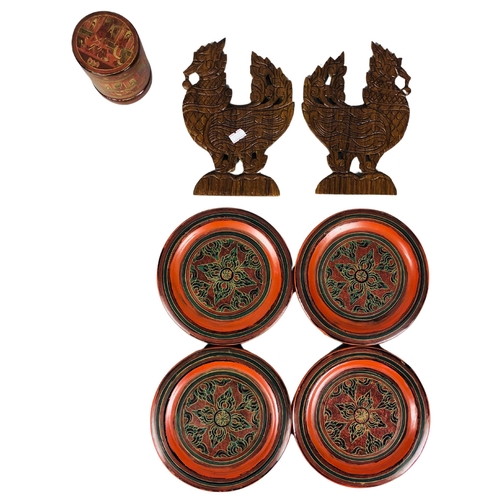 110 - Burmese Lacquer ware Plates and lidded box.  Also an African letter opener and wooden Hintha bird wa... 