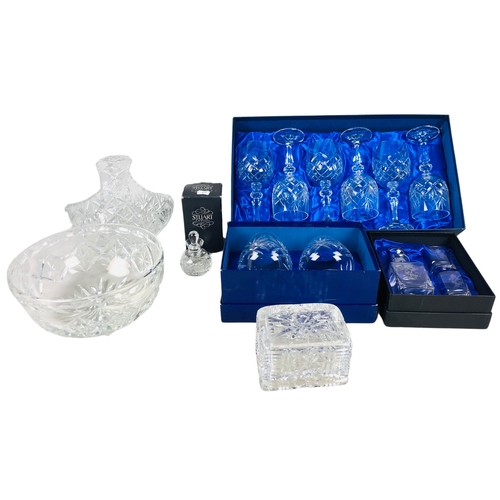 116 - Collection of Crystal to include boxed Royal Doulton brandy snifters,  Stoppered bottle and 2 shot g... 