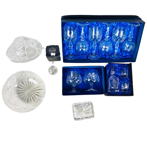 116 - Collection of Crystal to include boxed Royal Doulton brandy snifters,  Stoppered bottle and 2 shot g... 