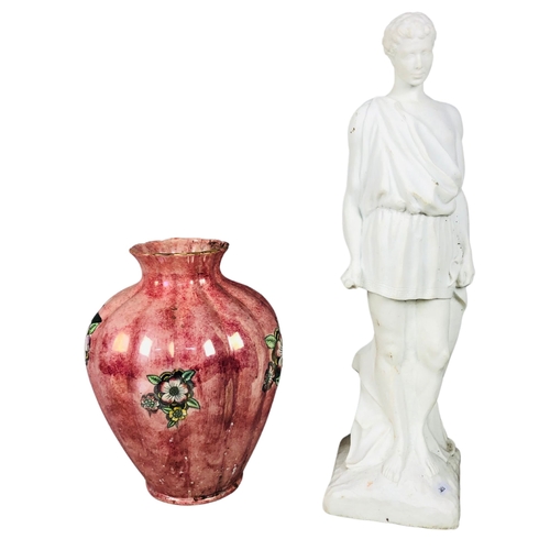 121 - Kensington ware fluted lustre ware vase 33cm tall and a resin Grecian style figure 55cm tall.