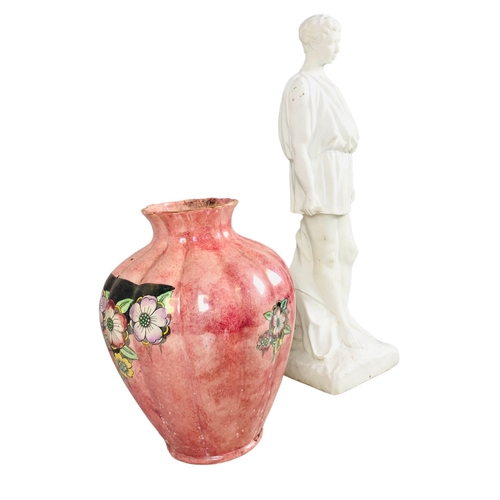 121 - Kensington ware fluted lustre ware vase 33cm tall and a resin Grecian style figure 55cm tall.