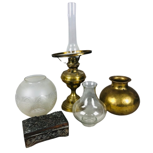 133 - A job lot to include a Japanese Antimony box, heavy brass globular vase and a brass oil lamp.