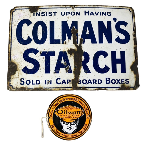 162 - Original Vintage Coleman's Starch Enamel sign Approx size 46 x 30cm and an Oilzum enamel circular si... 