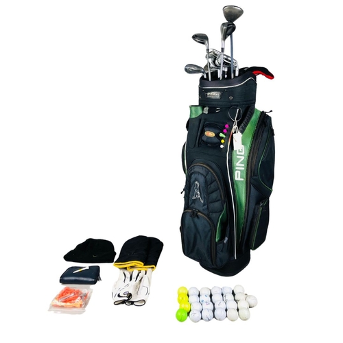 164 - PING Golf Bag and associated golfclubs. 7 PING and others. 7 iron to lob wedge, Cleveland 21 degree ... 