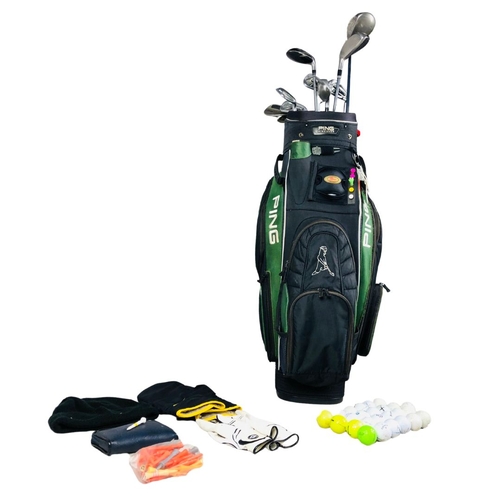 164 - PING Golf Bag and associated golfclubs. 7 PING and others. 7 iron to lob wedge, Cleveland 21 degree ... 