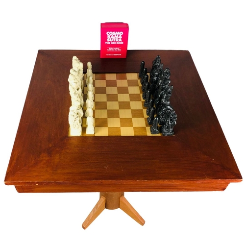 174 - Chess Board Table, with Kama Sutra resin chess set and Cosmopolitan Card Deck