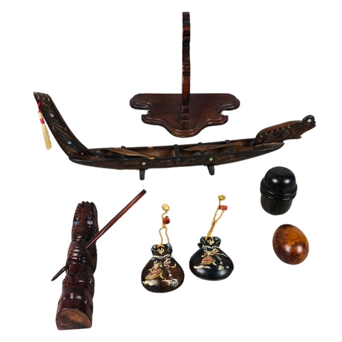 346 - Collection of Wooden Treen Items - Including Spanish Castanets and Maori Wooden Figurine & Boat ... 