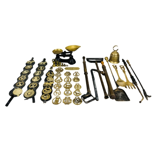 33 - Collection of horse brasses antique and later, scales and other items from a pub clearance