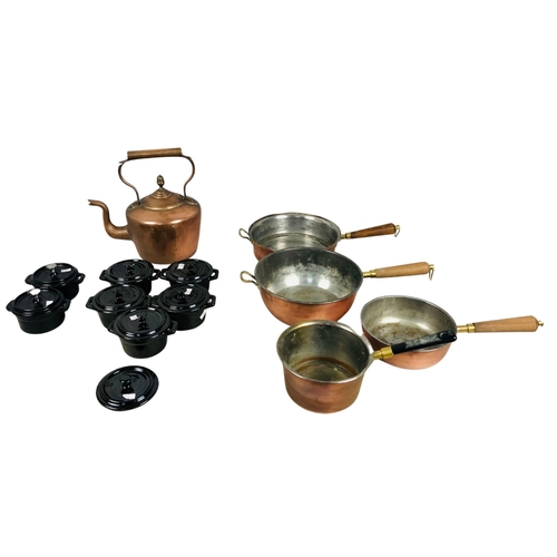 35 - Collection of Copper pans 2 cast iron ramekins and 5 x ceramic ramekins Etc.