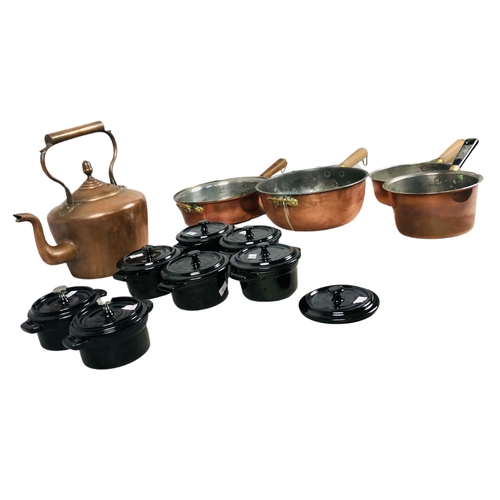 35 - Collection of Copper pans 2 cast iron ramekins and 5 x ceramic ramekins Etc.