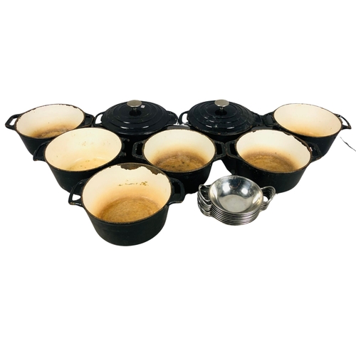 38 - Set of cast iron professional kitchen casserole Pots from pub clearance.