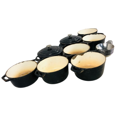 38 - Set of cast iron professional kitchen casserole Pots from pub clearance.