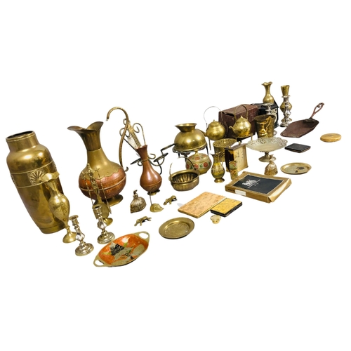 57 - Assortment of brass items and a camera