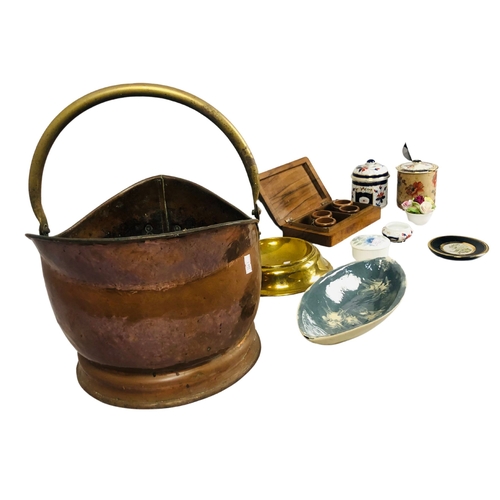 64 - Assortment of Items to include a copper and brass coal scuttle