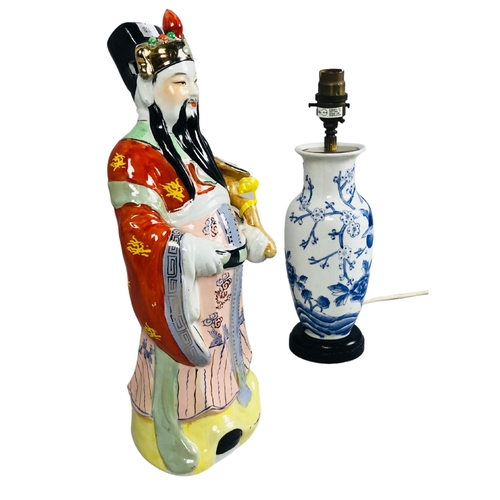 66 - Blue and White Table Lamp and Chinese ImmortalFigurine height.  35cm