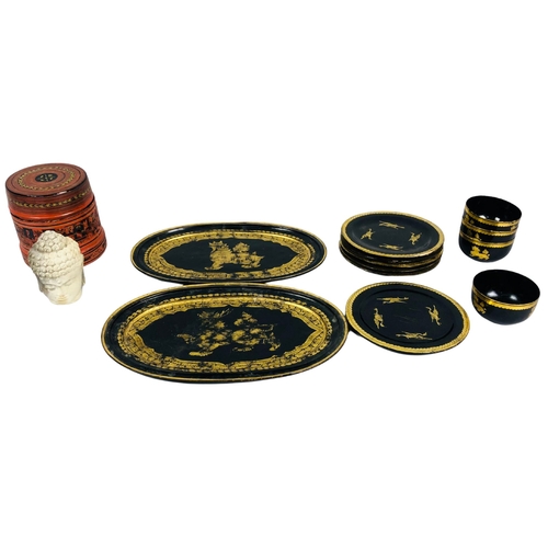 78 - Burmese Black Lacquer Ware with (Chintha) Gold Pattern, Red Indonesian Canister & Small Stone Bu... 