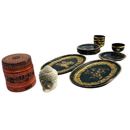 78 - Burmese Black Lacquer Ware with (Chintha) Gold Pattern, Red Indonesian Canister & Small Stone Bu... 