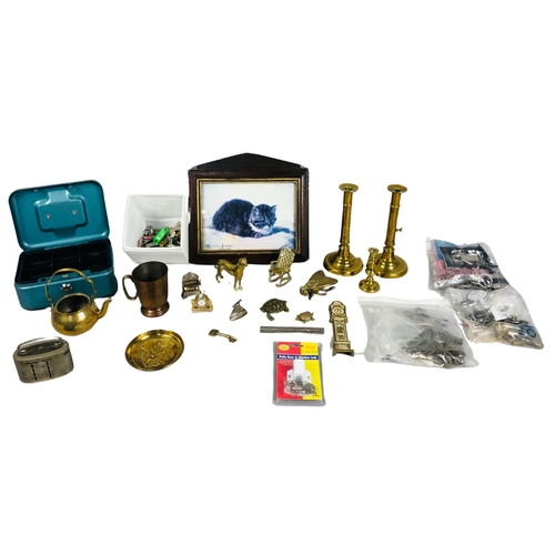 96 - Collection of Items to include a savings bank, a pair of brass candlesticks and various other brass ... 