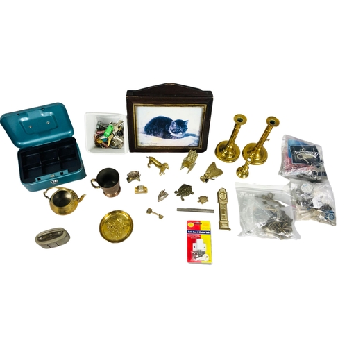 96 - Collection of Items to include a savings bank, a pair of brass candlesticks and various other brass ... 