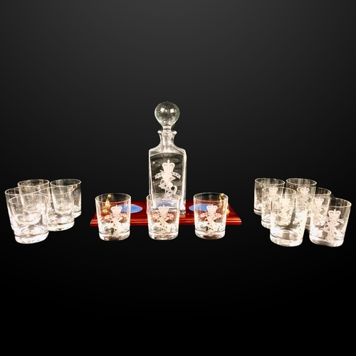 110 - Boxed New Heavily engraved, Regimental Deep Engraved Crystal Glasses, Decanter and Stand REME & ... 