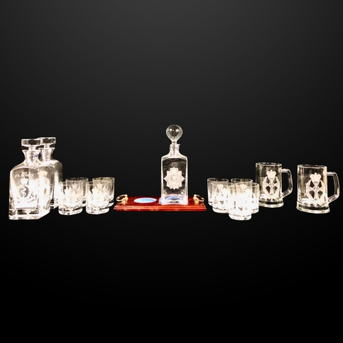 112 - Boxed New Heavily engraved Regimental Crystal Glasses & Decanter including Queen Alexandra's Roy... 